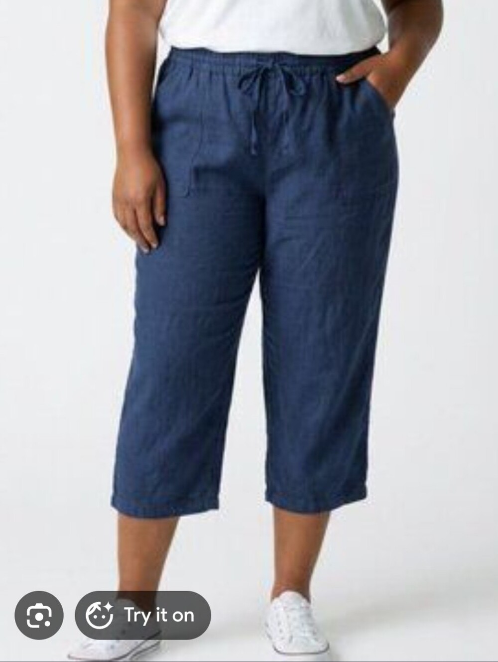Liz Claiborne Navy Drawstring Casual Crop Pants Cotton Linen Blend Size 0X/14W
